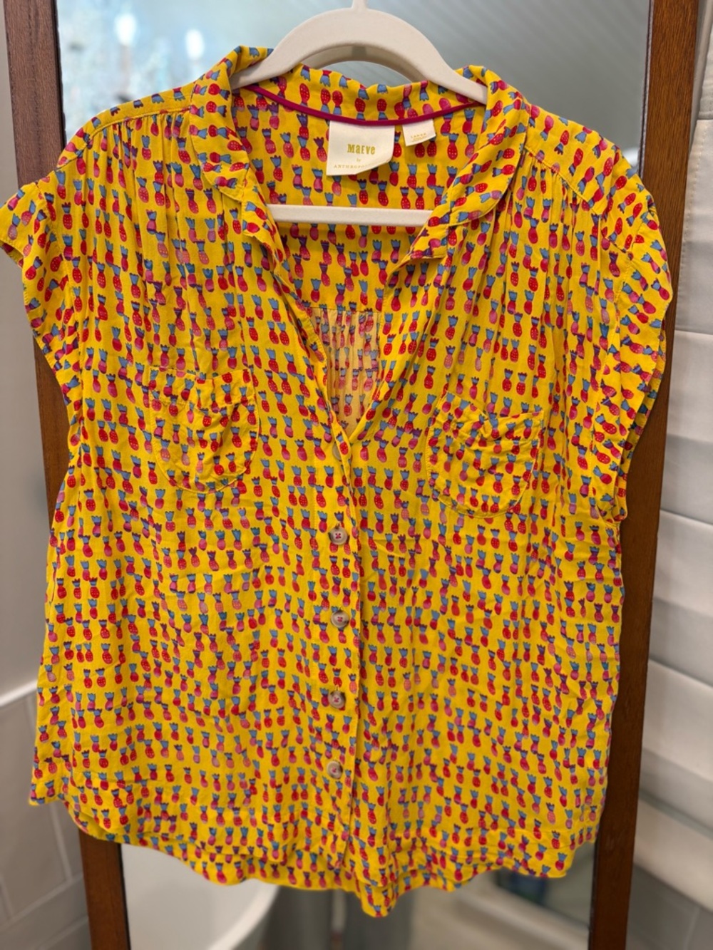 Anthropologie Maeve Yellow Pineapple Picnic Button Front Blouse size L